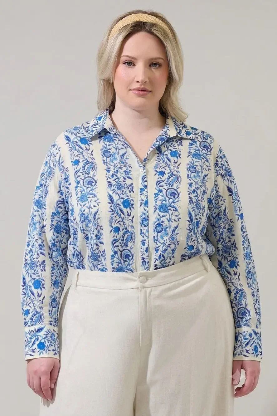 Chelsea & Theodore 3X Blue Botanical Cotton Button Shirt NWT Plus Size Porcelain